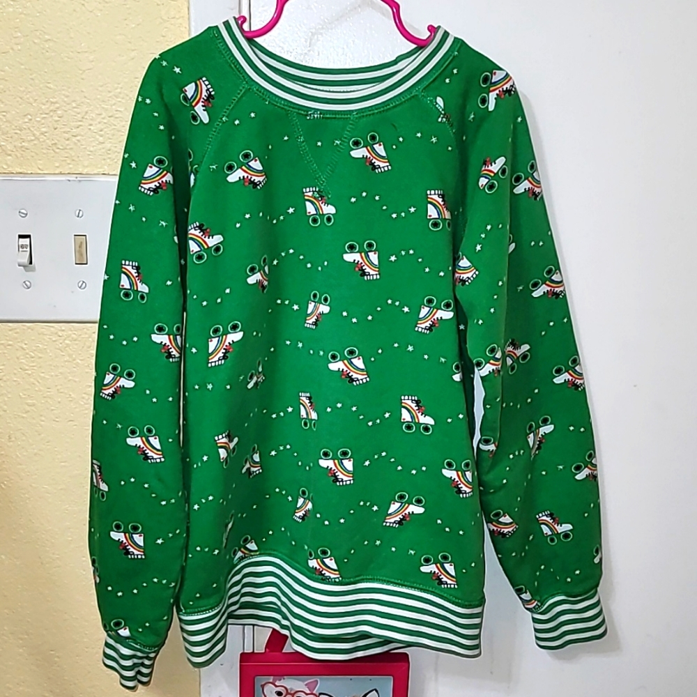 Hanna Andersson sweater pullover cotton green skates rainbow